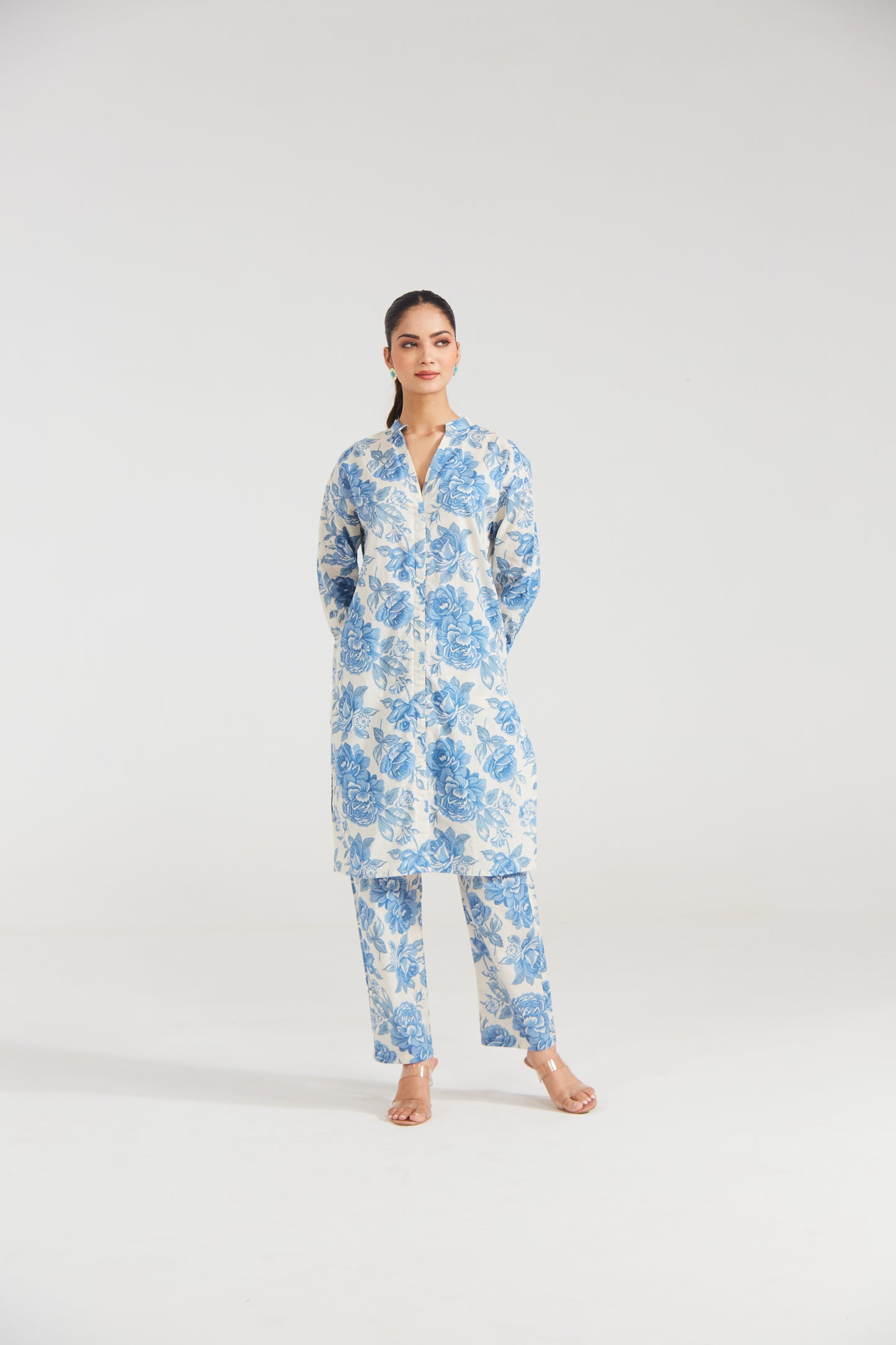 Azure Bloom Printed Cotton Co-ord Set (Set Of Two)
