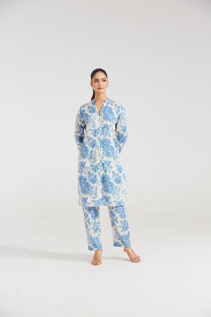 Azure Bloom Printed Cotton Co-ord Set (Set Of Two)