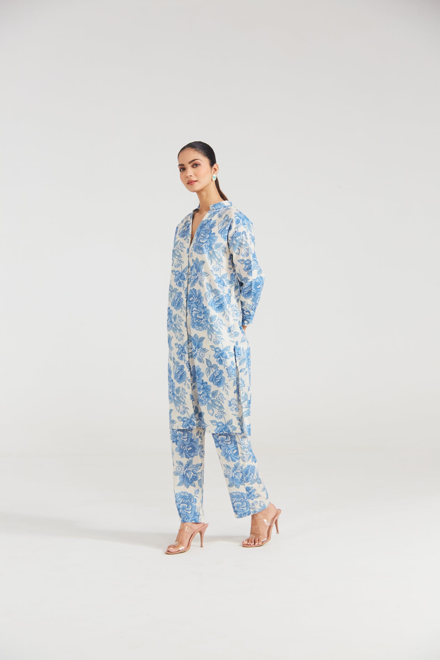 Azure Bloom Printed Cotton Co-ord Set (Set Of Two)