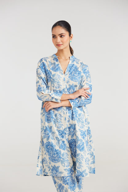 Azure Bloom Printed Cotton Co-ord Set (Set Of Two)