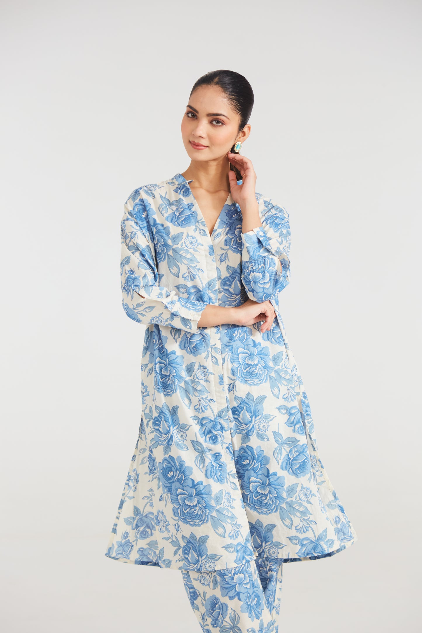 Azure Bloom Printed Cotton Co-ord Set (Set Of Two)