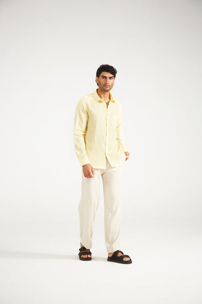 Men’s Solid Light Yellow Pure Linen Shirt