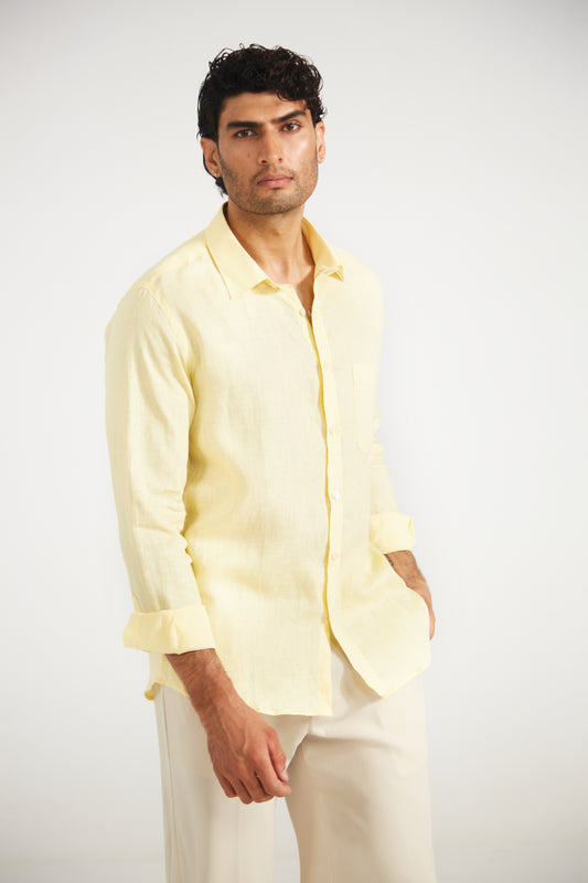Men’s Solid Light Yellow Pure Linen Shirt