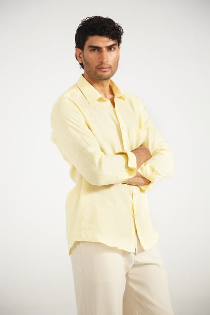 Men’s Solid Light Yellow Pure Linen Shirt