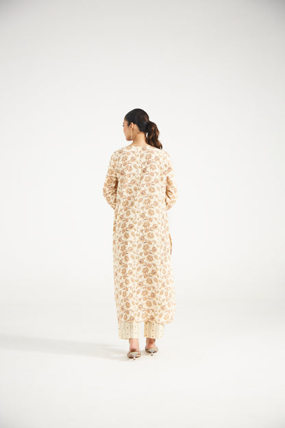 Beige Floral Printed Tunic Set (Set of Two)