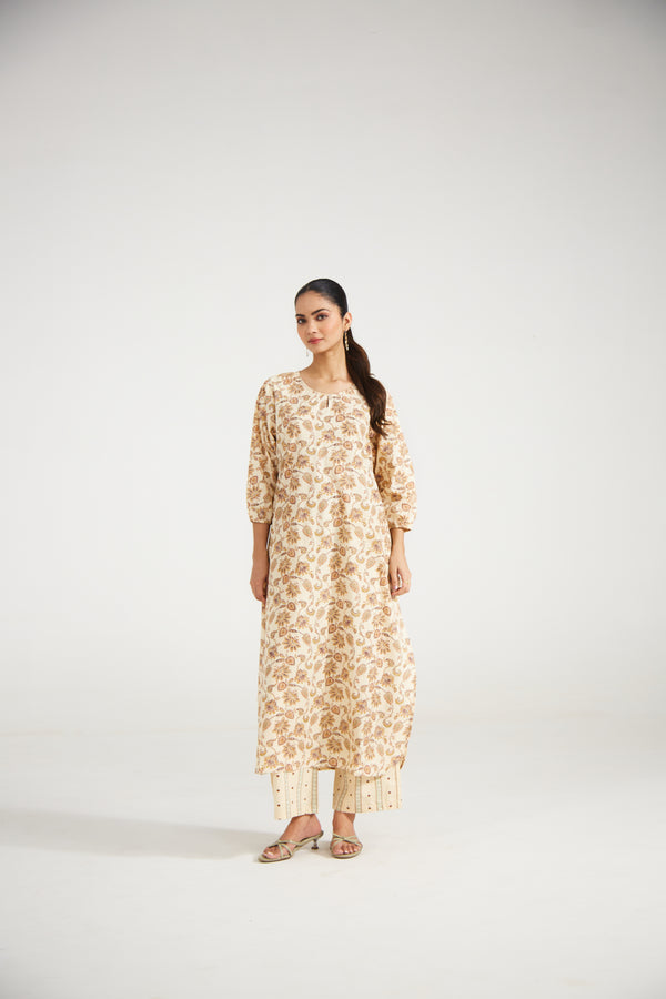 Beige Floral Printed Tunic Set (Set of Two)