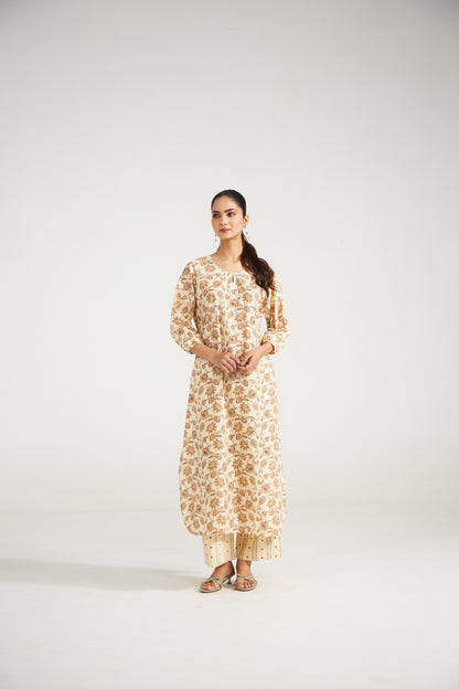 Beige Floral Printed Tunic Set (Set of Two)