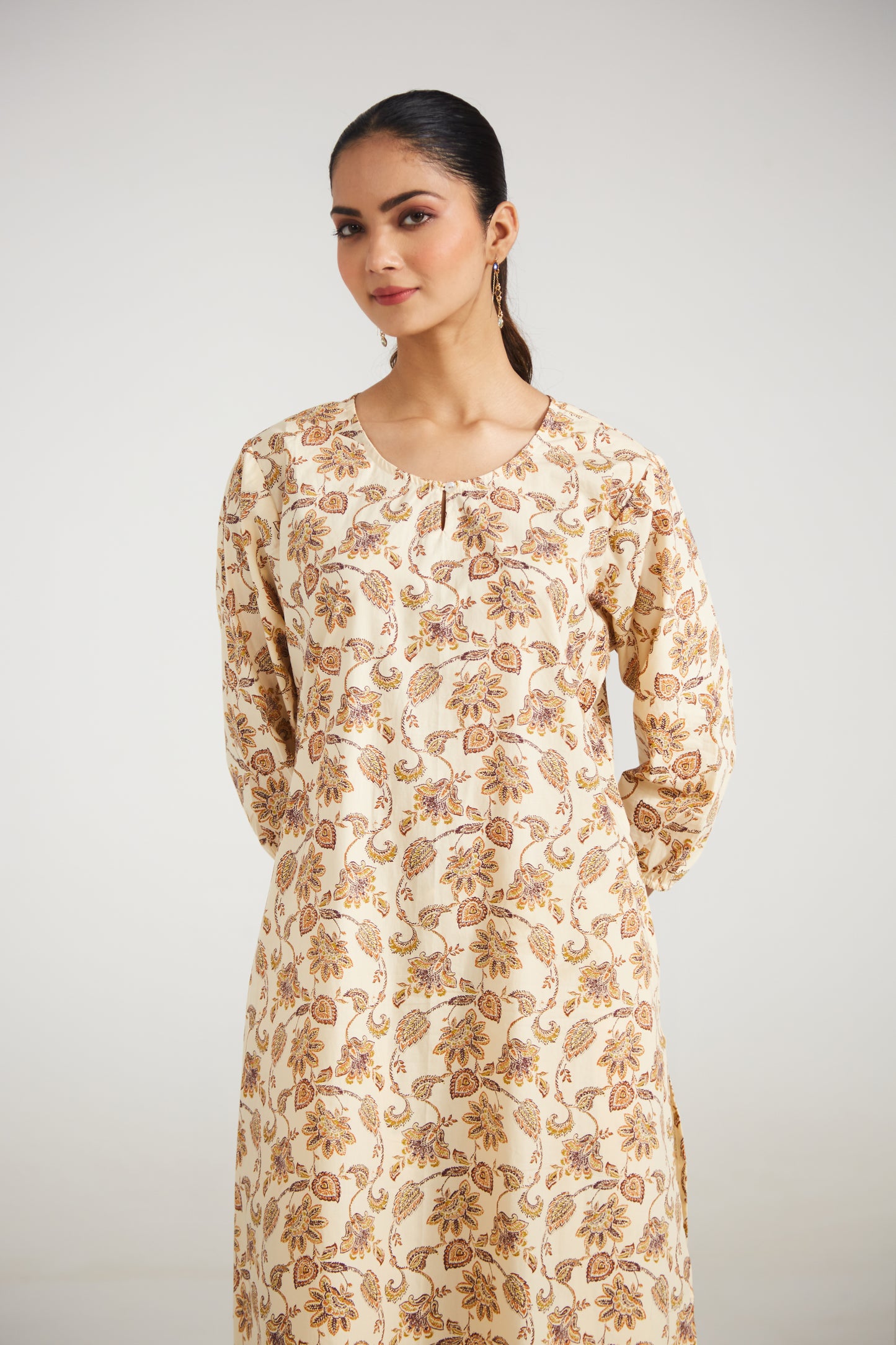 Beige Floral Printed Tunic Set (Set of Two)