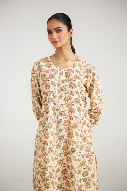 Beige Floral Printed Tunic Set (Set of Two)