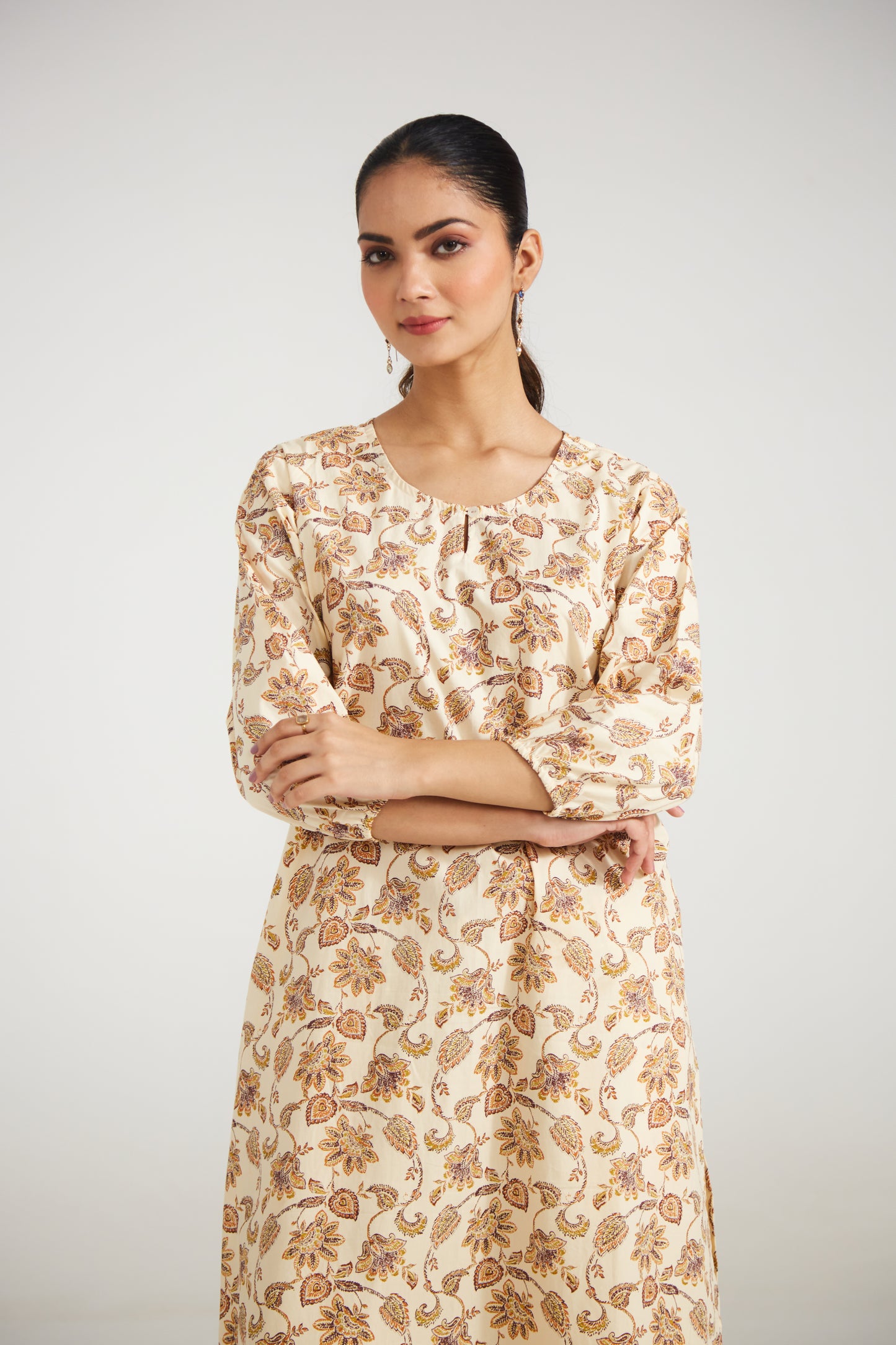 Beige Floral Printed Tunic Set (Set of Two)