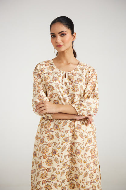 Beige Floral Printed Tunic Set (Set of Two)