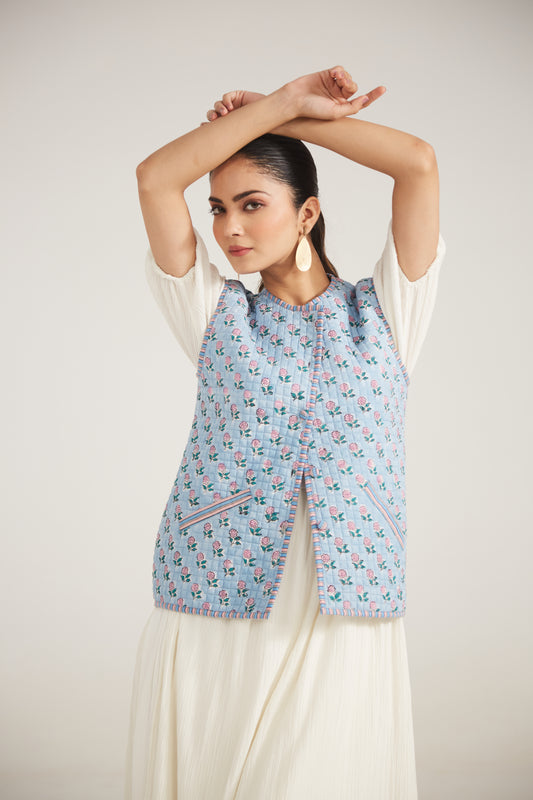 Soft Blue Quilted Cotton Vest