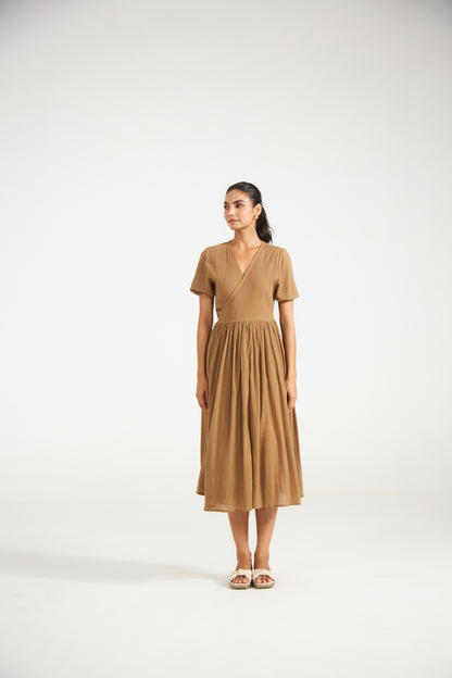 Caramel Brown Wrap Midi Dress