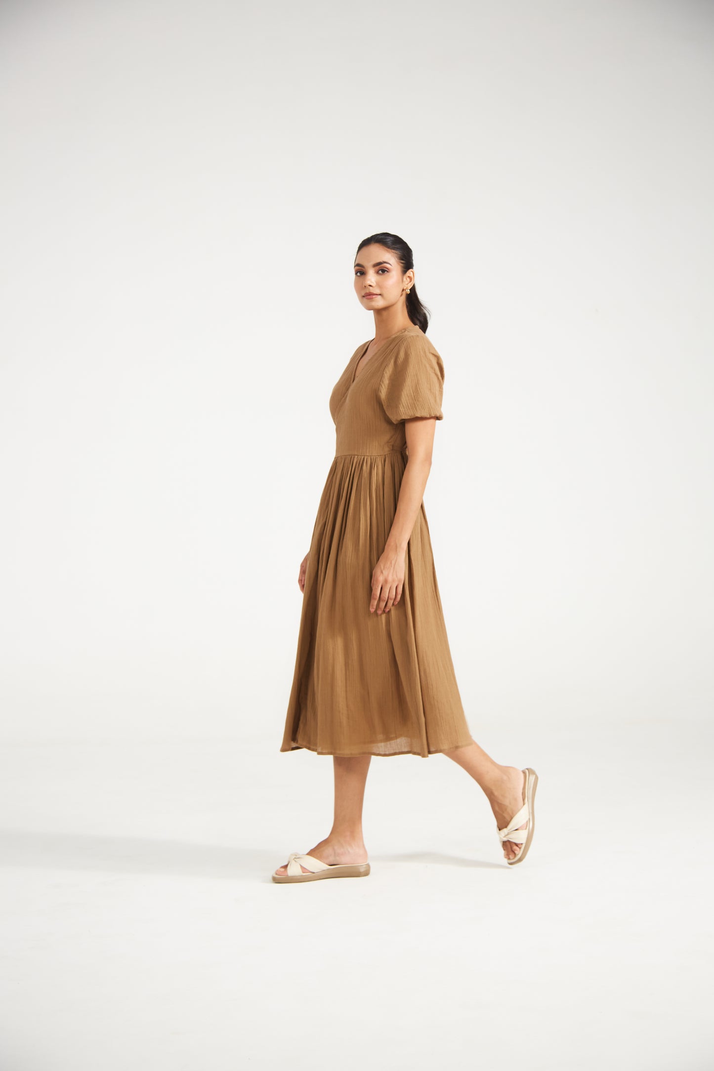 Caramel Brown Wrap Midi Dress