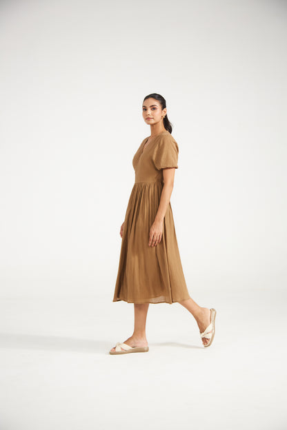 Caramel Brown Wrap Midi Dress