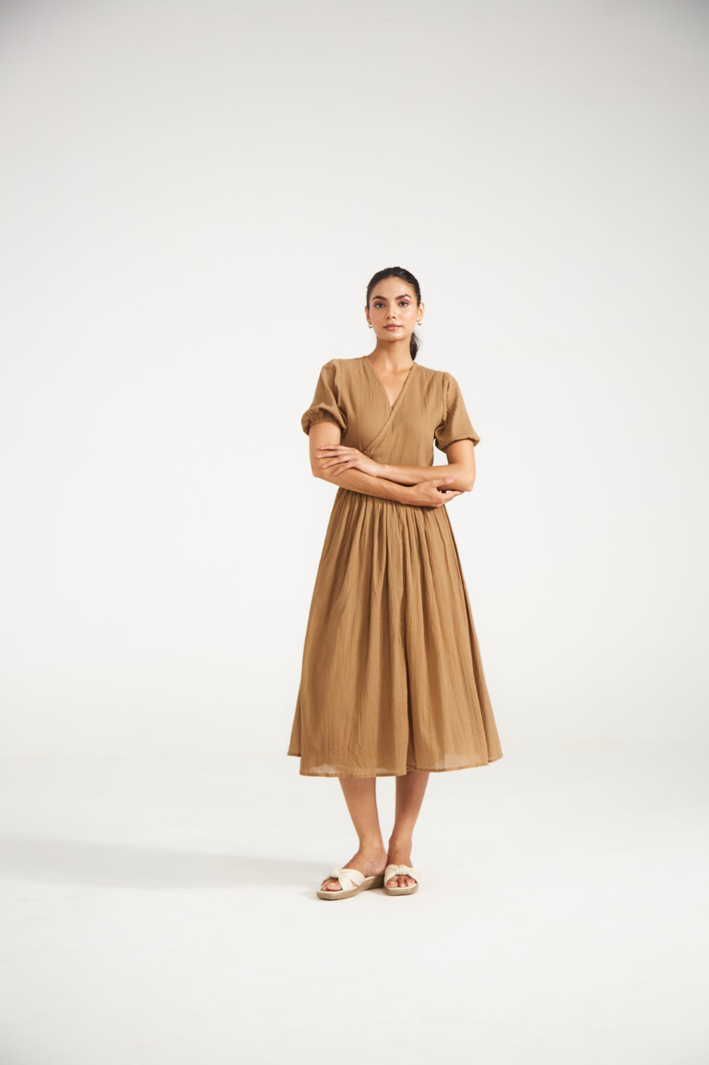 Caramel Brown Wrap Midi Dress