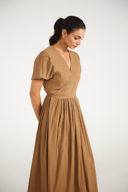 Caramel Brown Wrap Midi Dress