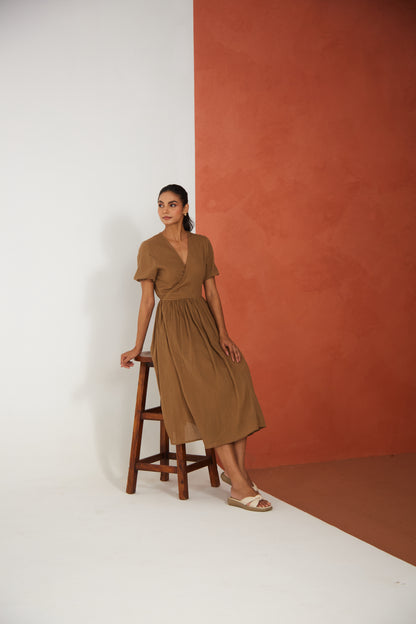 Caramel Brown Wrap Midi Dress