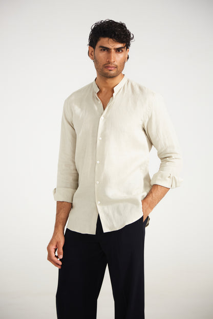 Men’s Solid Almond Beige Pure Linen Shirt
