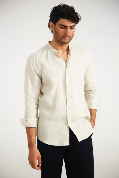 Men’s Solid Almond Beige Pure Linen Shirt
