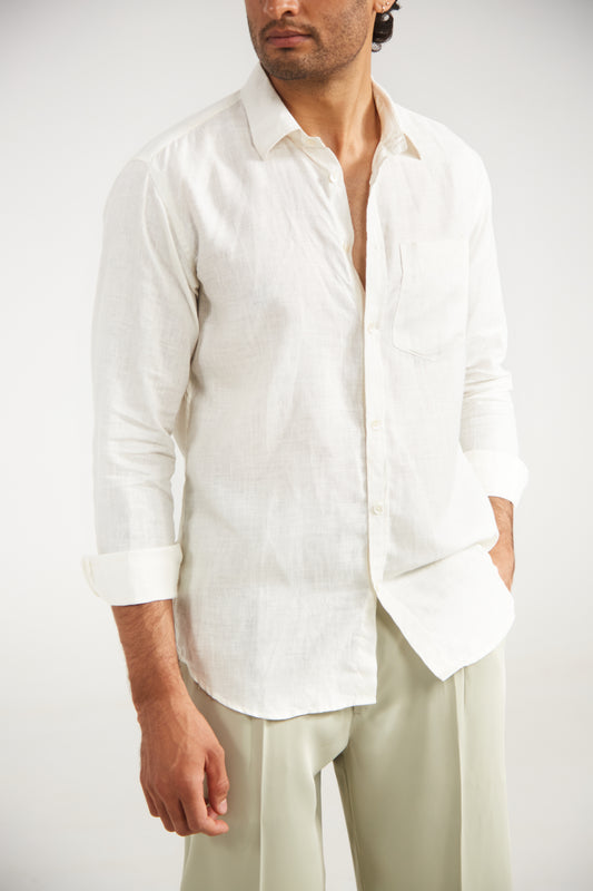 Men’s Solid White Pure Linen Shirt
