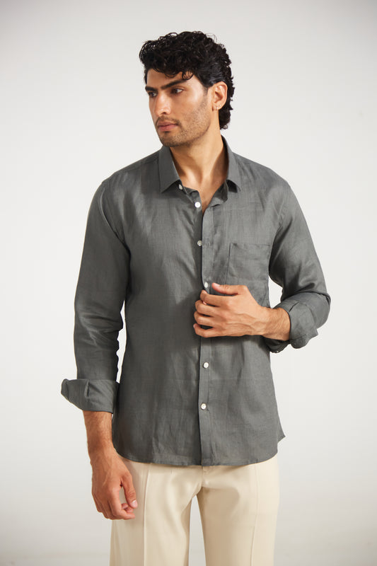 Men’s Solid Grey Pure Linen Shirt