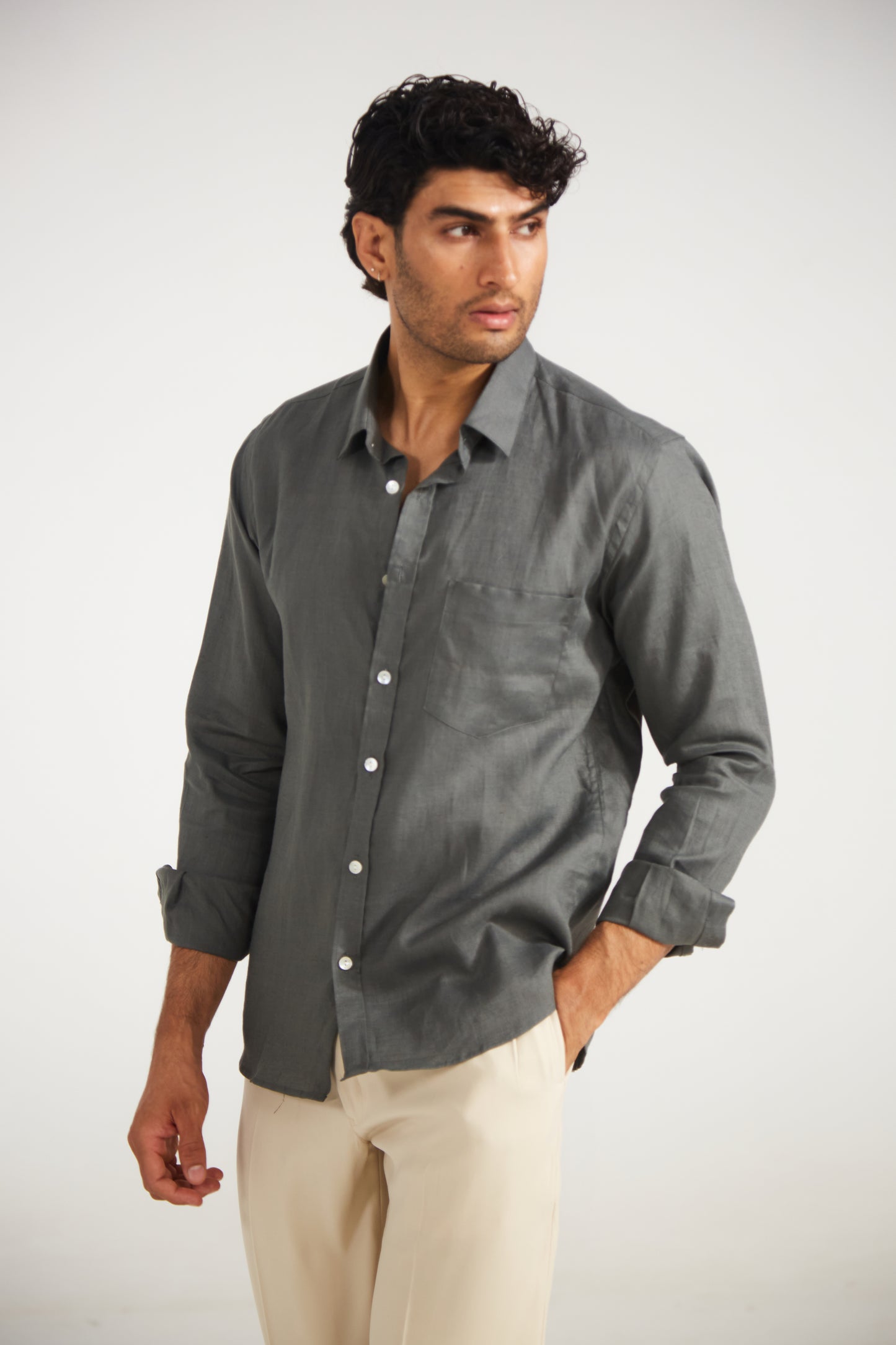 Men’s Solid Grey Pure Linen Shirt