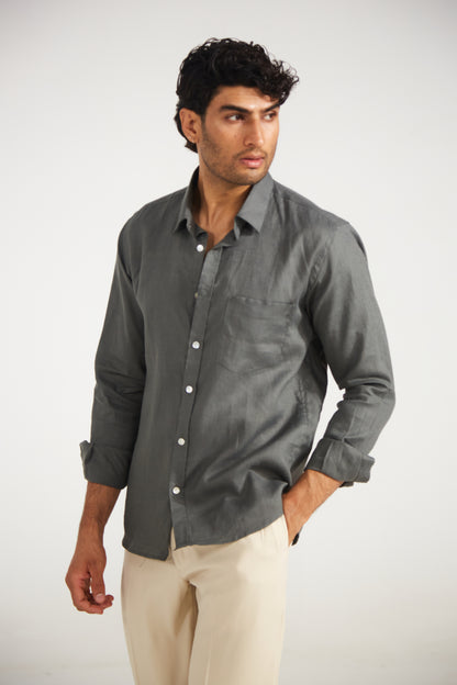 Men’s Solid Grey Pure Linen Shirt
