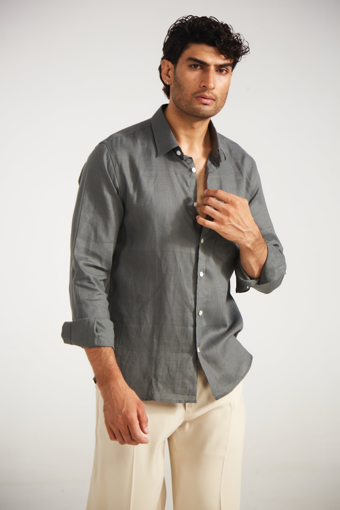 Men’s Solid Grey Pure Linen Shirt
