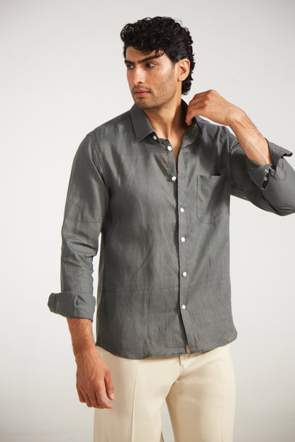 Men’s Solid Grey Pure Linen Shirt
