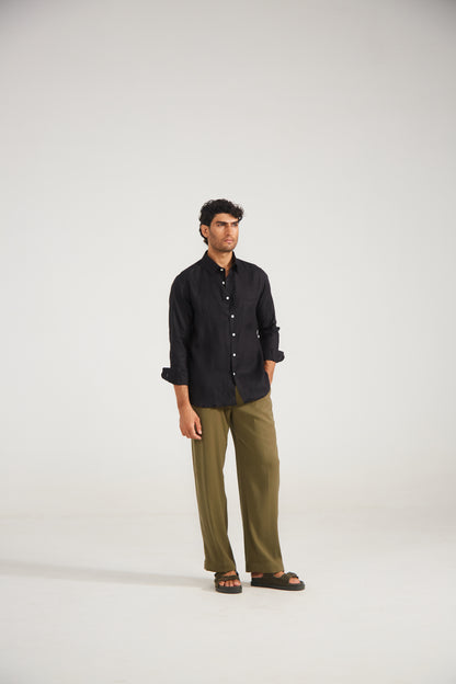Men’s Solid Black Pure Linen Shirt