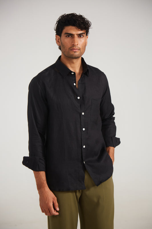 Men’s Solid Black Pure Linen Shirt