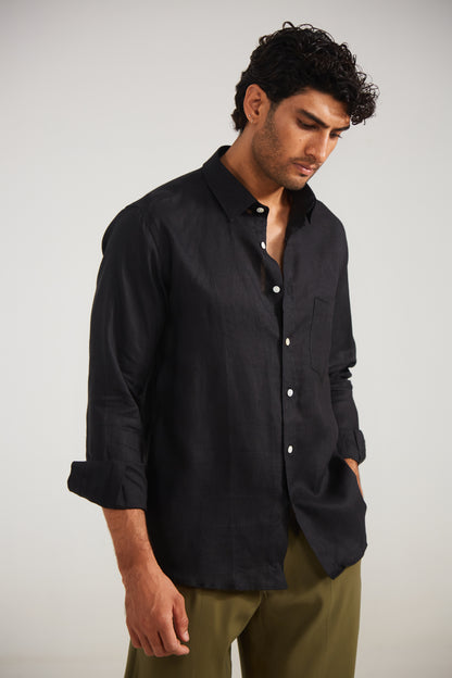 Men’s Solid Black Pure Linen Shirt