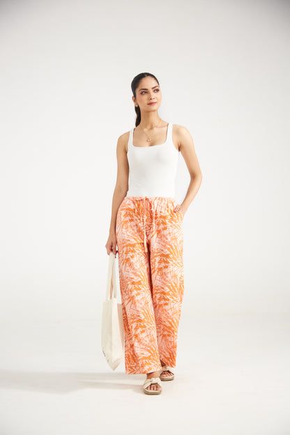 Peach Palm Print Cotton Pants