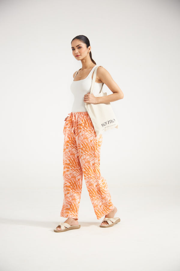 Peach Palm Print Cotton Pants