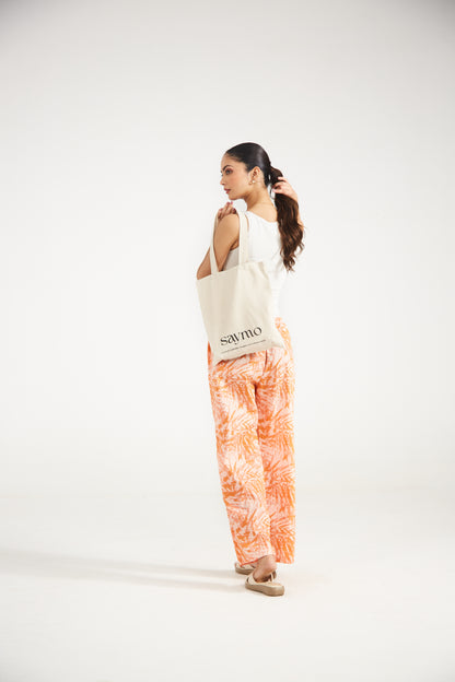 Peach Palm Print Cotton Pants