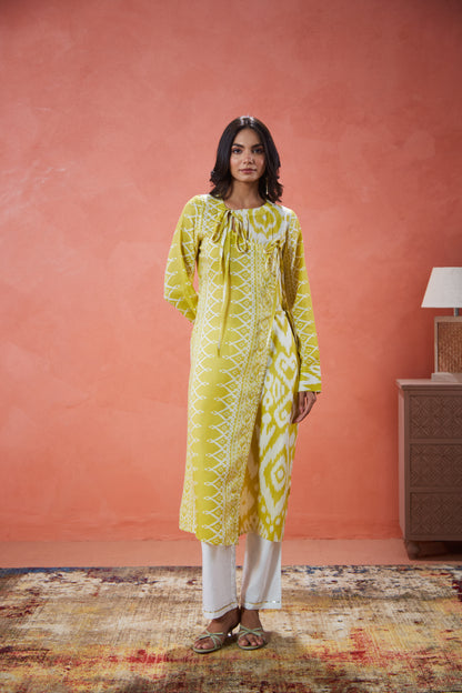 Lime Ikat Tie-Up Panelled Tunic Set (Set Of Two)