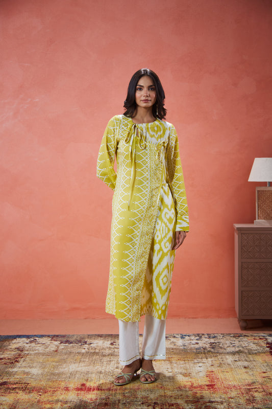 Lime Ikat Tie-Up Panelled Tunic Set (Set Of Two)