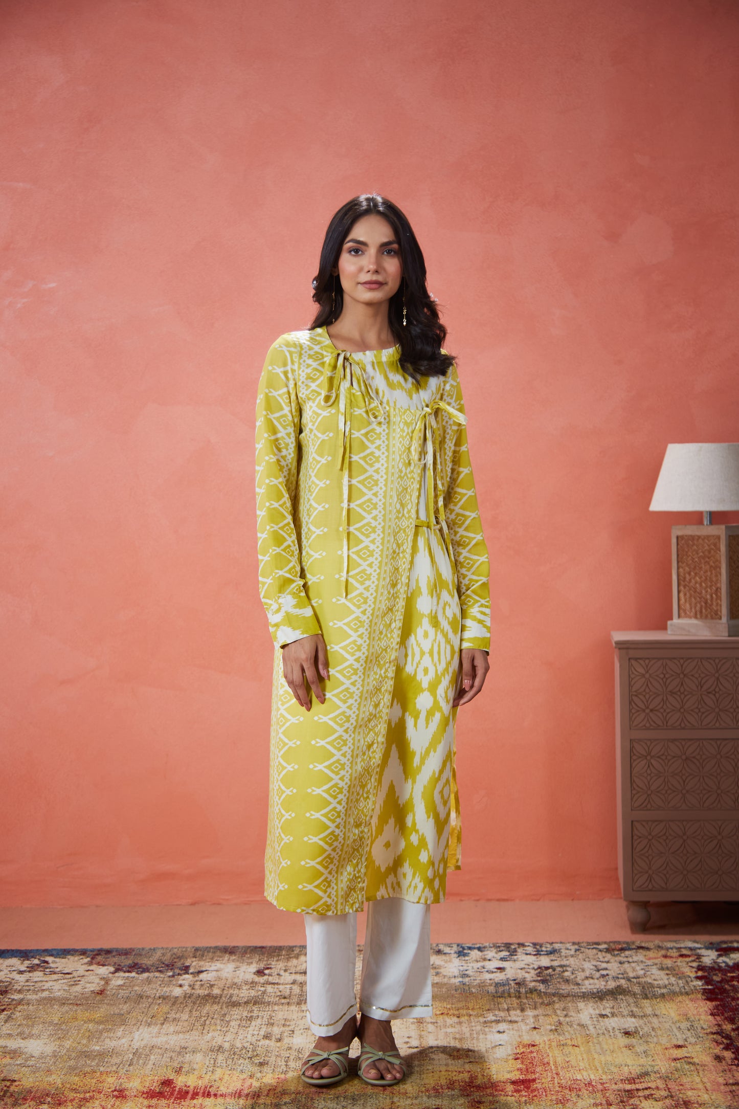 Lime Ikat Tie-Up Panelled Tunic Set (Set Of Two)
