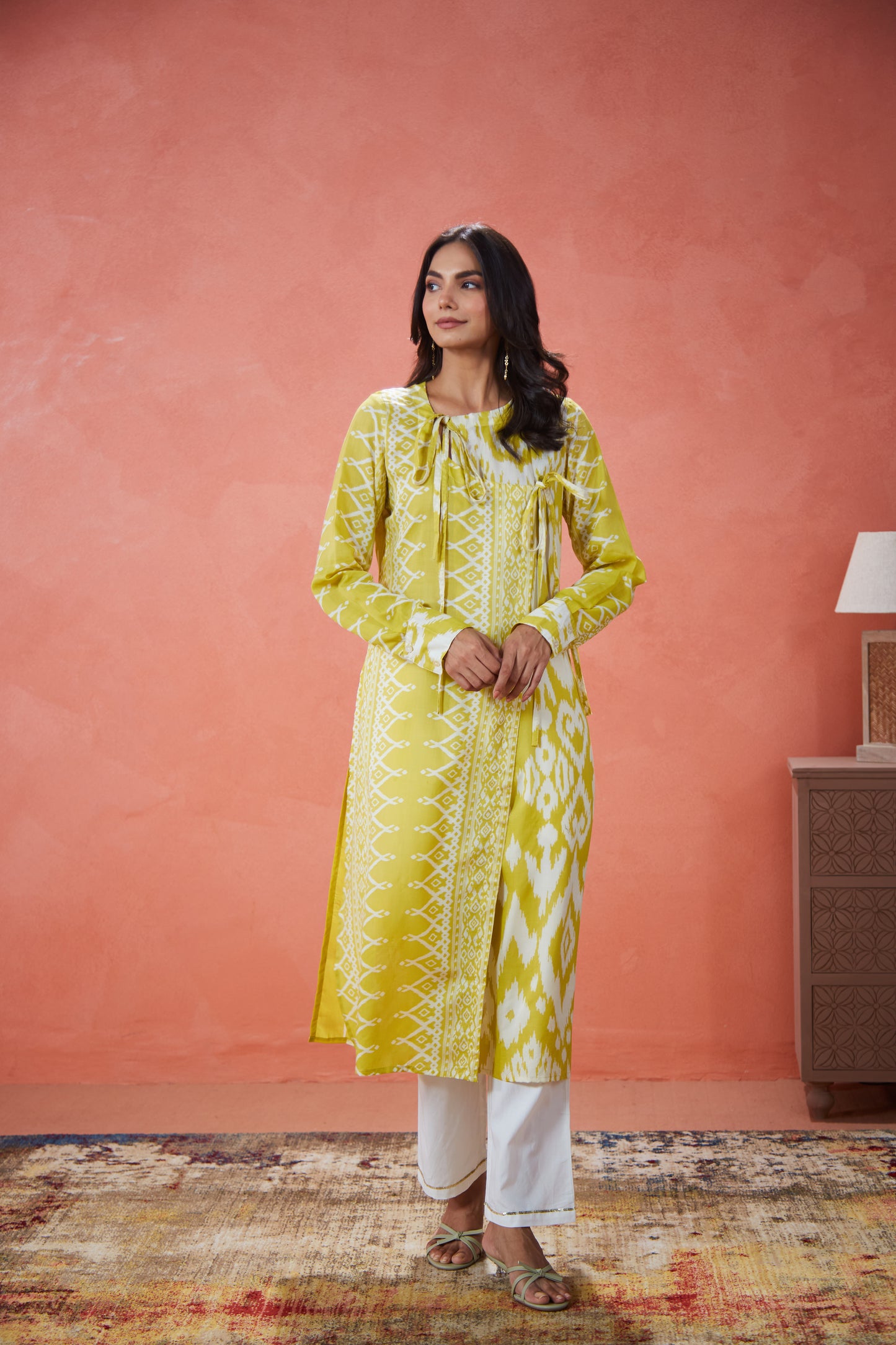 Lime Ikat Tie-Up Panelled Tunic Set (Set Of Two)