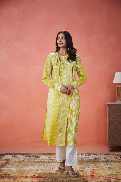 Lime Ikat Tie-Up Panelled Tunic Set (Set Of Two)