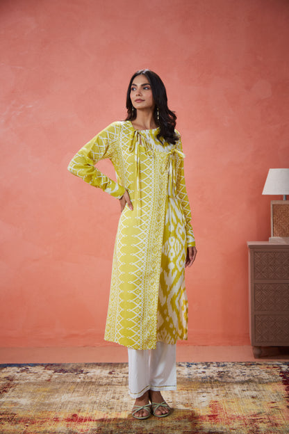 Lime Ikat Tie-Up Panelled Tunic Set (Set Of Two)