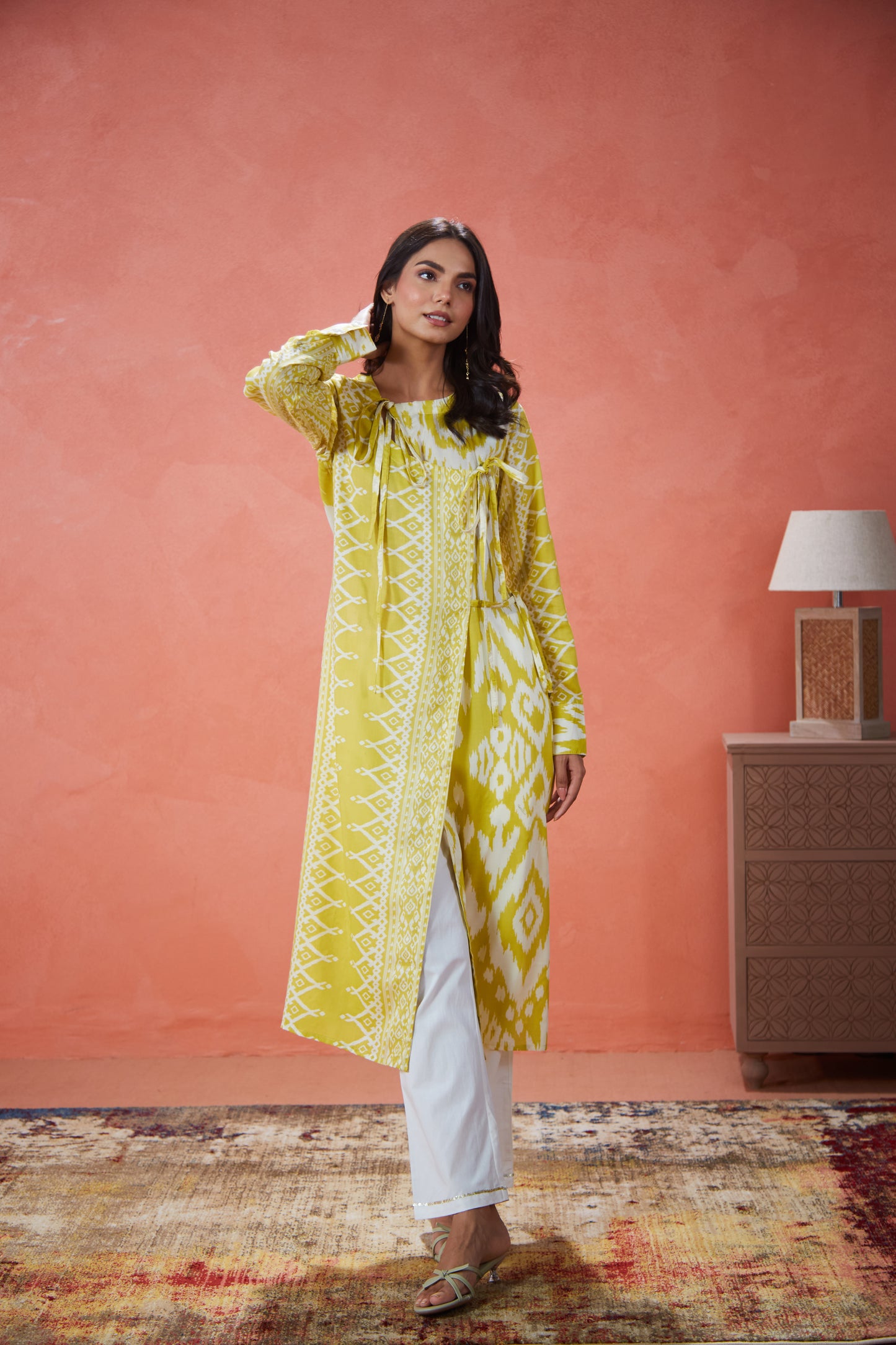 Lime Ikat Tie-Up Panelled Tunic Set (Set Of Two)