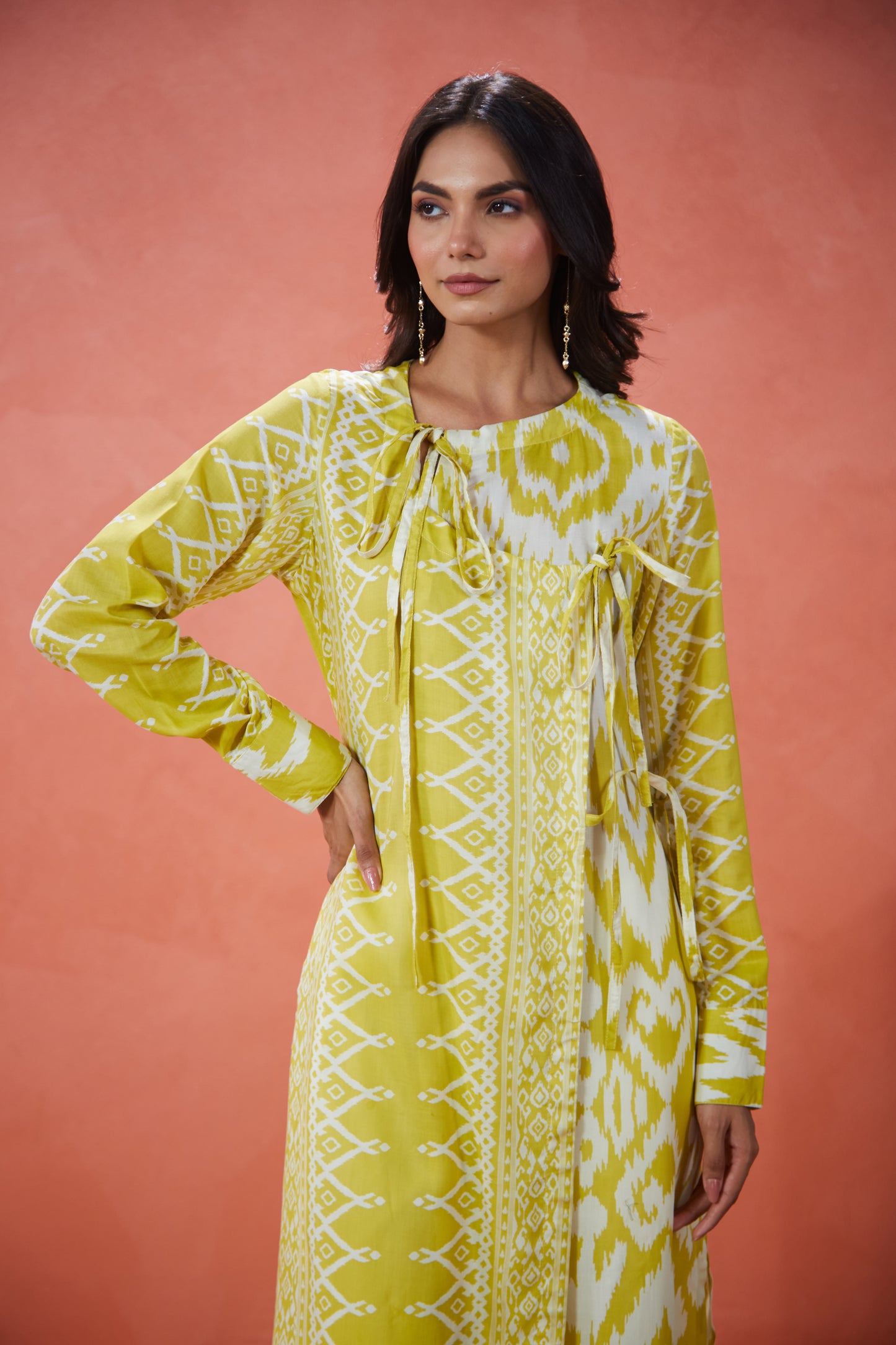 Lime Ikat Tie-Up Panelled Tunic Set (Set Of Two)