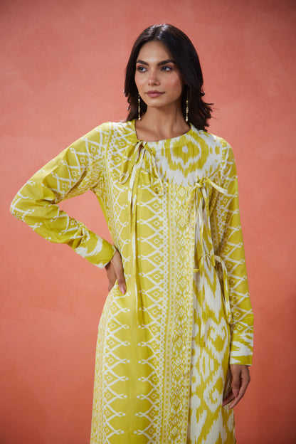 Lime Ikat Tie-Up Panelled Tunic Set (Set Of Two)