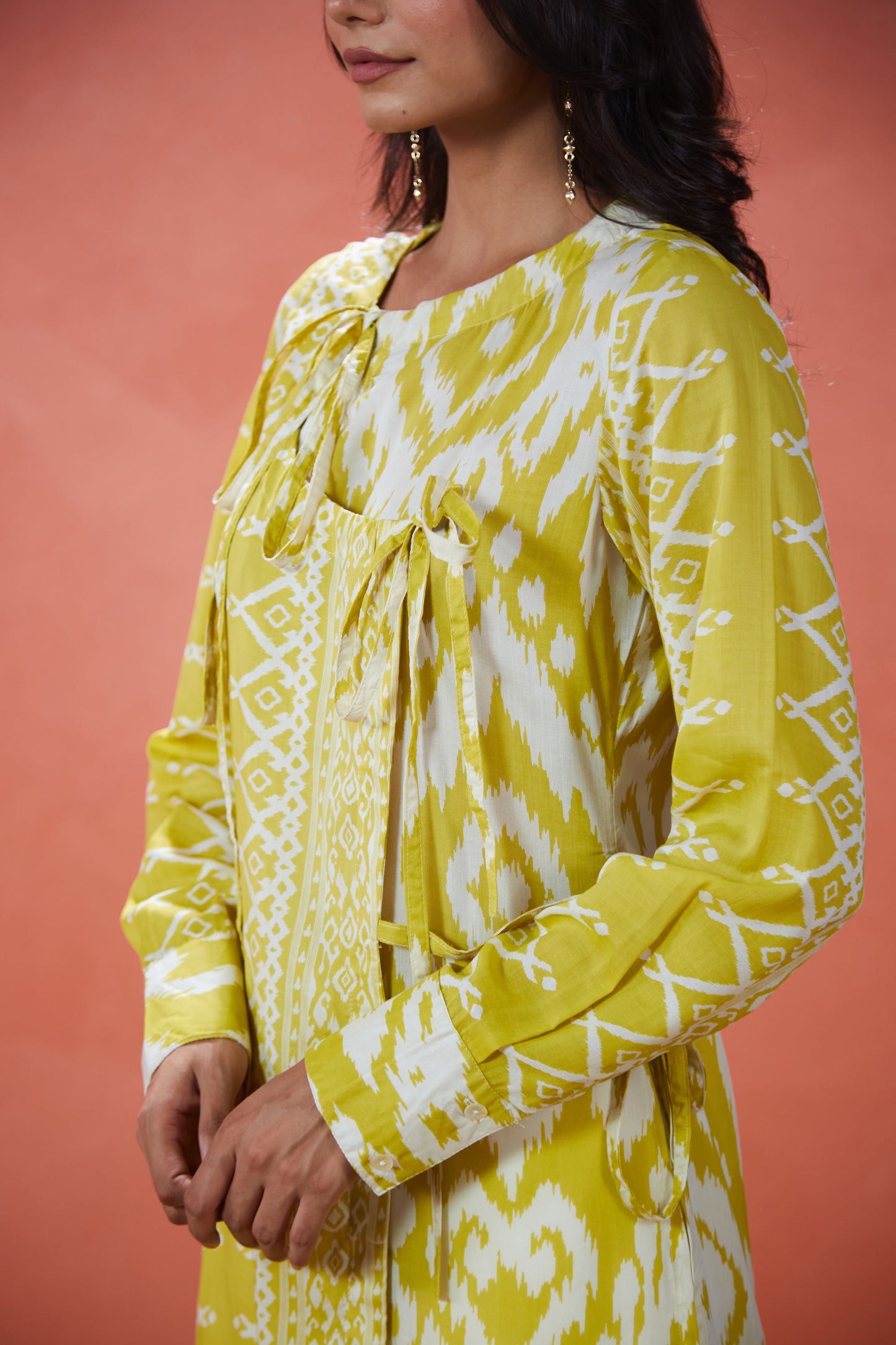Lime Ikat Tie-Up Panelled Tunic Set (Set Of Two)