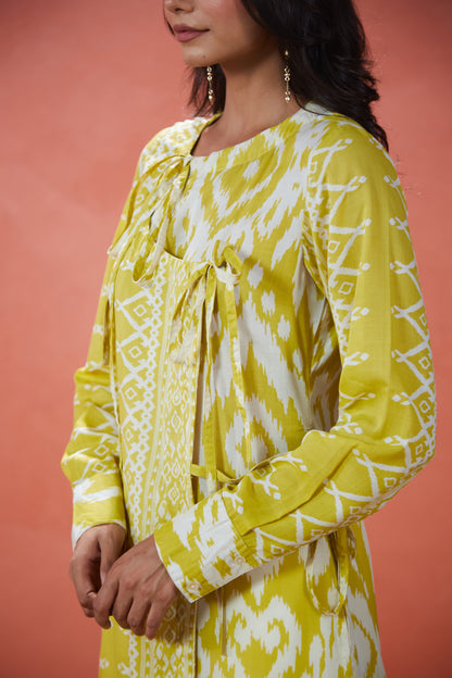 Lime Ikat Tie-Up Panelled Tunic Set (Set Of Two)