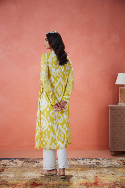 Lime Ikat Tie-Up Panelled Tunic Set (Set Of Two)