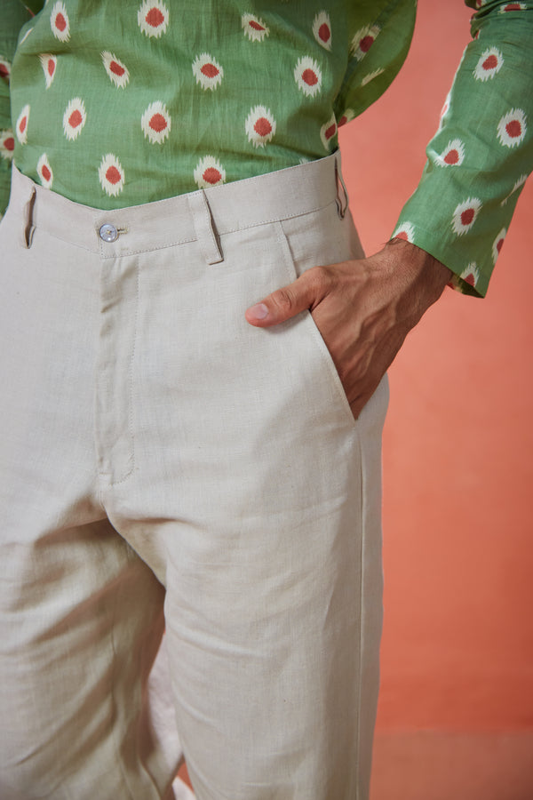 Beige Linen Straight Fit Pants