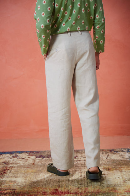 Beige Linen Straight Fit Pants